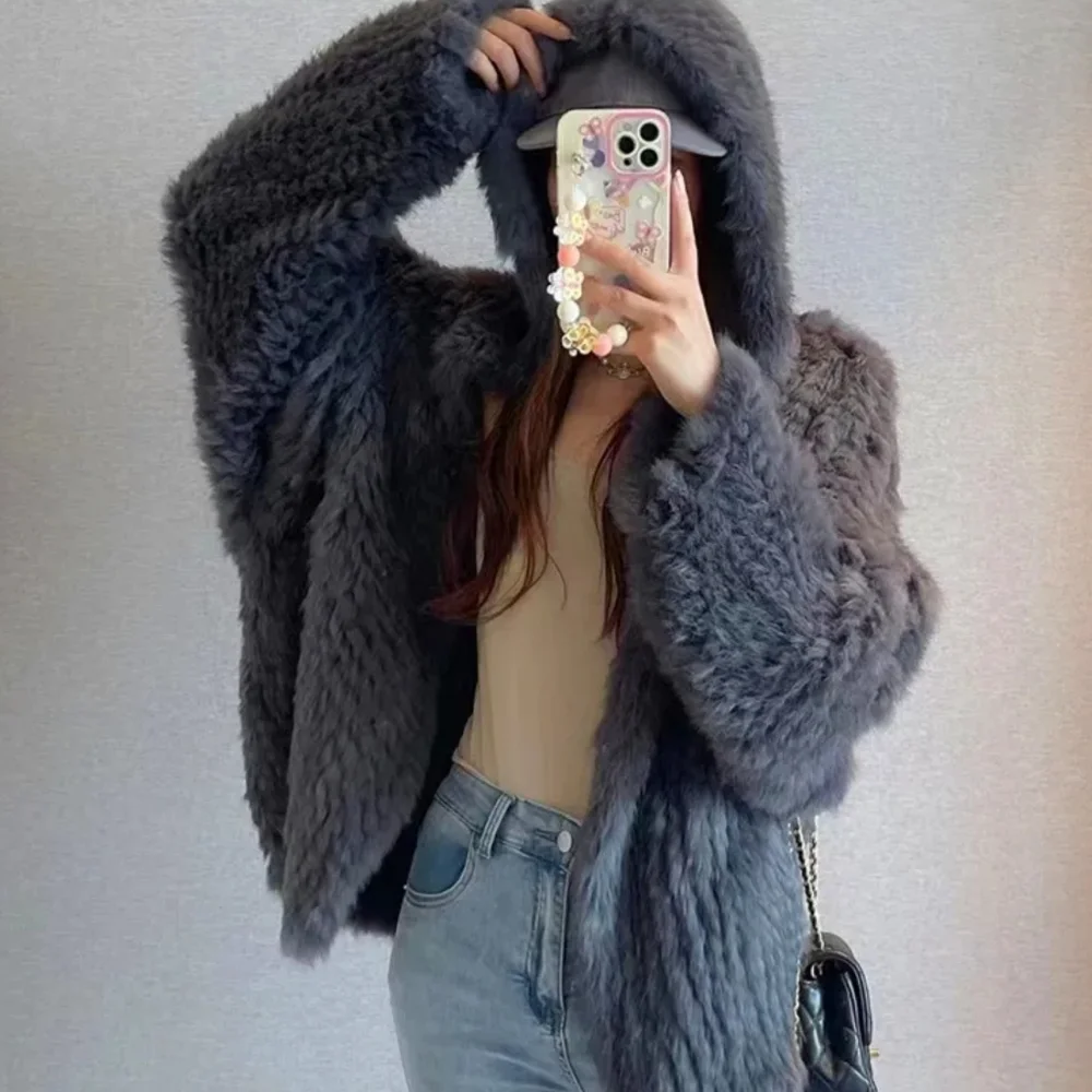 100% Natural Real Rabbit Thick Fur Coat Fur Warm Jacket Loose - Picture 2 of 4